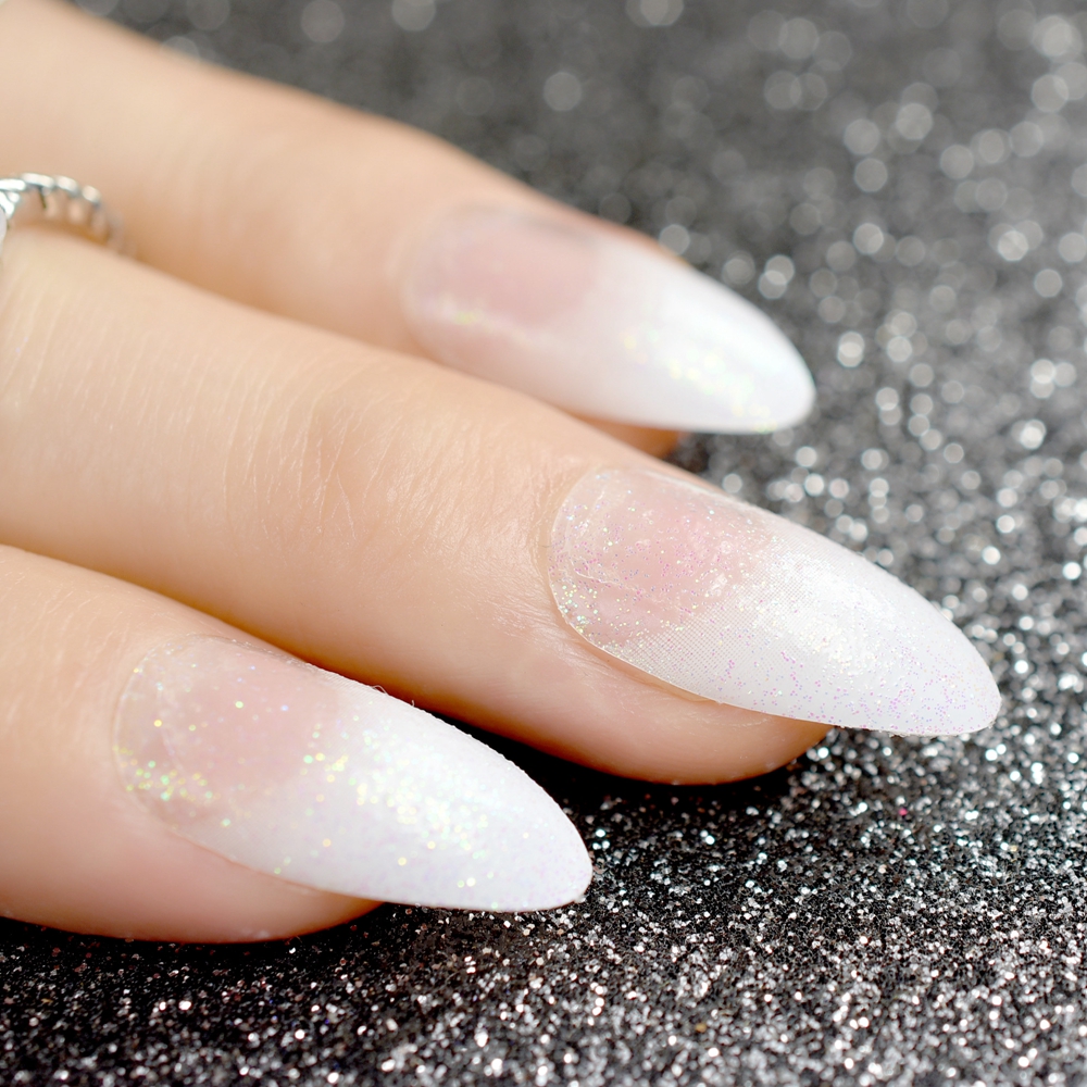 Oldedu Summer Gel Nails – White Clear French Glitter Stiletto Artificial Nail Tips for Ladies