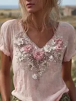 Bohemian Retro Style Plant Flower Design Women's  Linen Short-sleeve Shirt