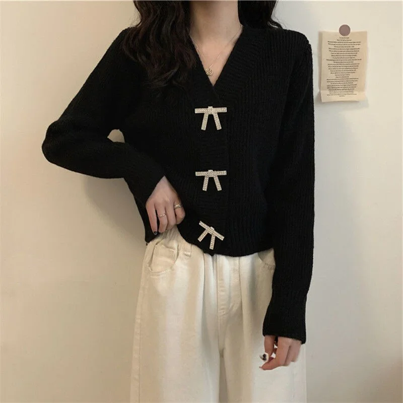 Women Temperament Cardigan Bow Button V-neck Loose Leisure Soft Solid Gentle Designer Females Sweaters Korean Style New-arrival
