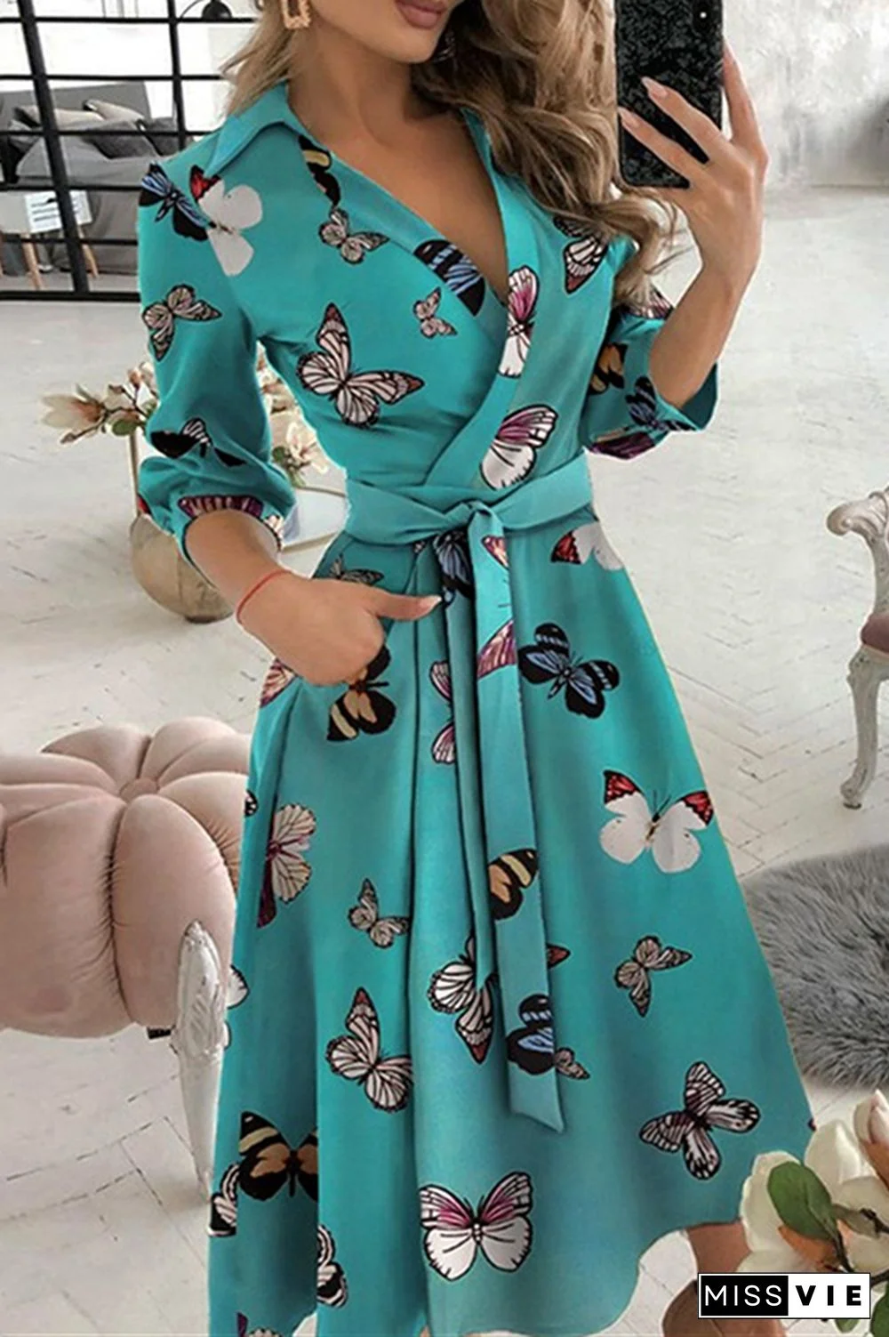 Fashion Elegant Print Solid Patchwork Frenulum V Neck A Line Dresses(10 Colors)