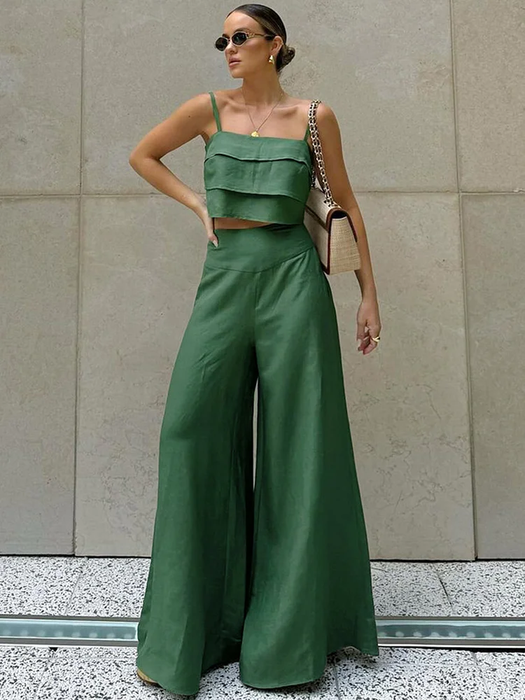 Simple Solid Color High Waisted Wide Leg Pants Two Piece Set