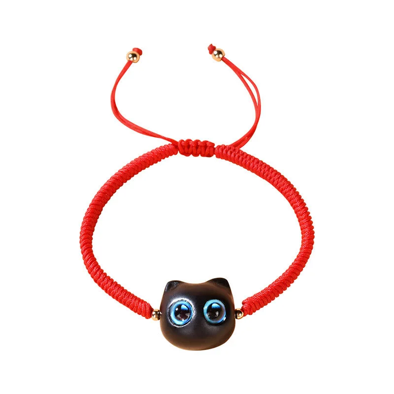 Ebony Wood Cat Head Pattern Peace King Kong Knot Braided Bracelet