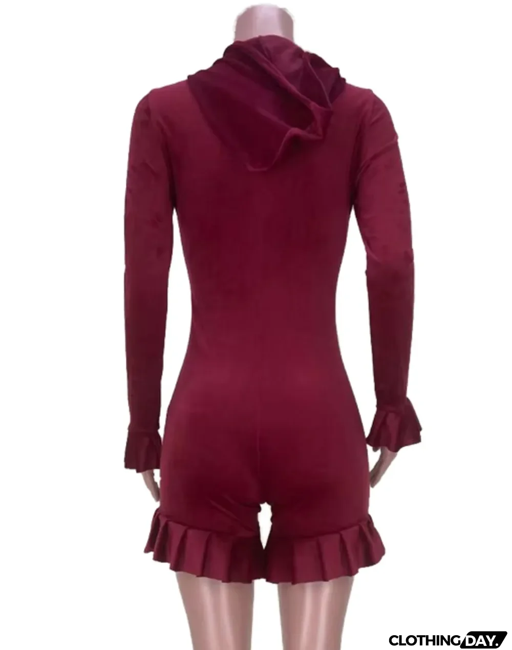 Sexy Red Velvet Plunge Lace-Up Neck Ruffled Long Sleeve Romper