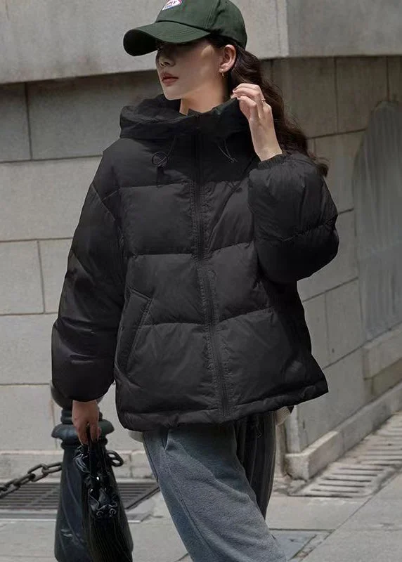 Italian Black Zip Up Pockets Duck Down Hooded Jacket Winter