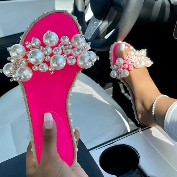 Ladies Fashion Pu Pearl Flat Slippers