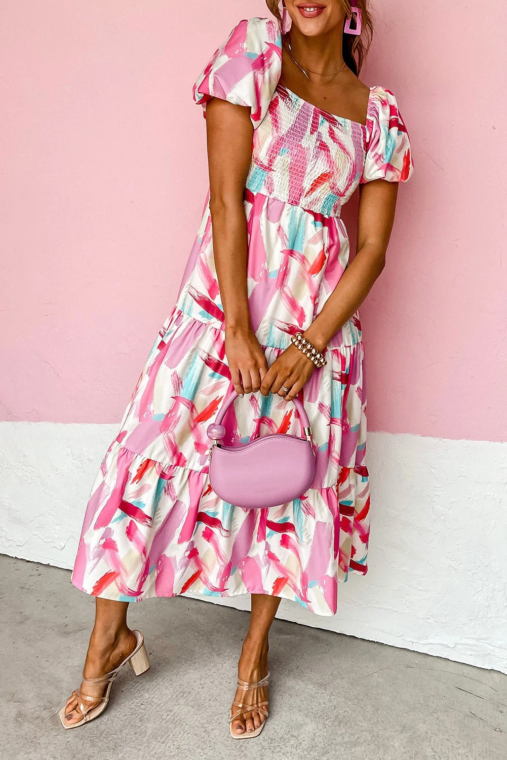PRINTED RUFFLE RUFFLE LAMINATED DRESS