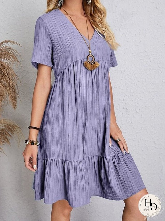 Casual Dress Shift Dress Plain Dress Plain Ruffle V Neck Midi Dress Basic Classic Outdoor Daily Short Sleeve Loose Fit Black Pink Red Spring Summer S M L XL XXL for Women