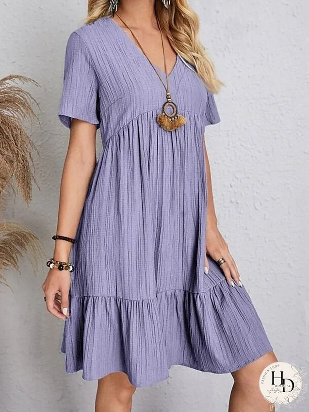 Casual Dress Shift Dress Plain Dress Plain Ruffle V Neck Midi Dress Basic Classic Outdoor Daily Short Sleeve Loose Fit Black Pink Red Spring Summer S M L XL XXL for Women