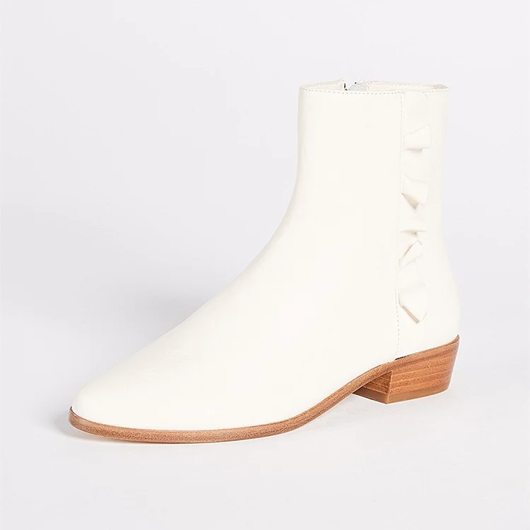 Ivory Round Toe Block Heel Boots Ruffle Ankle Boots with Zipper |FSJ Shoes