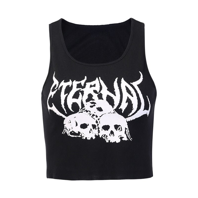 InsGoth Black Crop Tank Tops Women Gothic Punk Sexy Bodycon Skull Print Camisoles Female Casual Cotton Baisc Tank Tops Tees