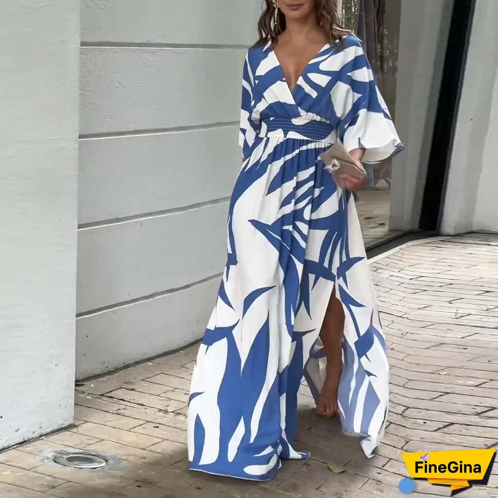 Blue Print 3/4 Sleeve Maxi Dress