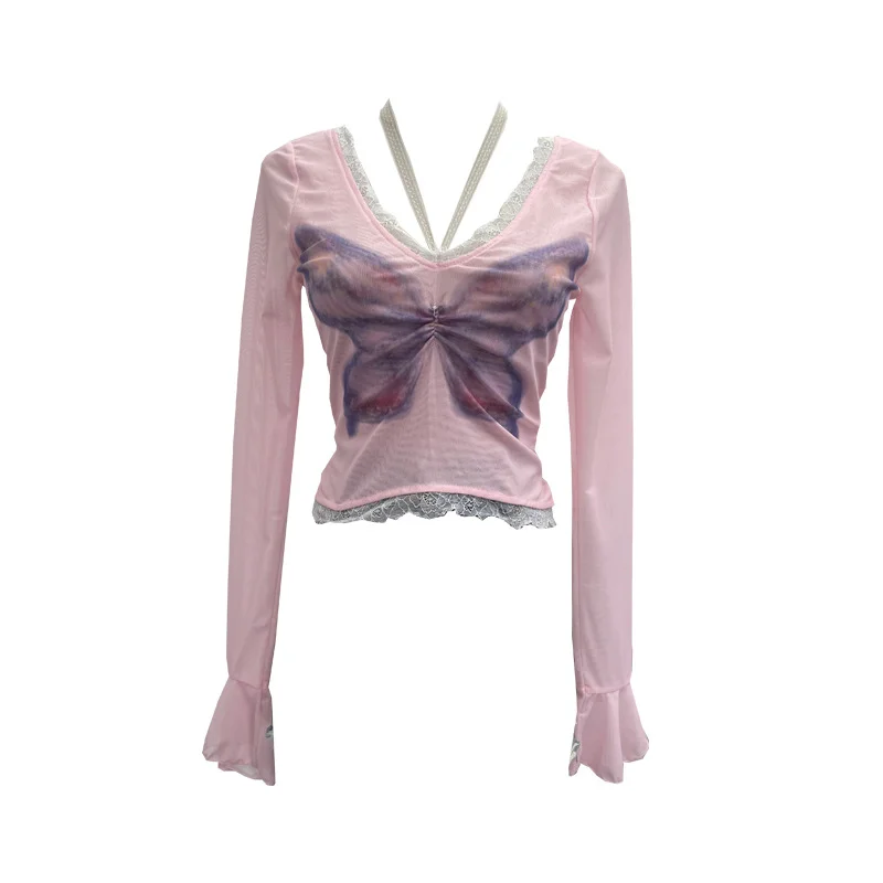 Nigikala Nigikala Shot Micro-Permeable Mesh Butterfly Print Splicing Lace Hanging Neck Horn Long-Sleeved T-Shirt Repair Short Top 1286