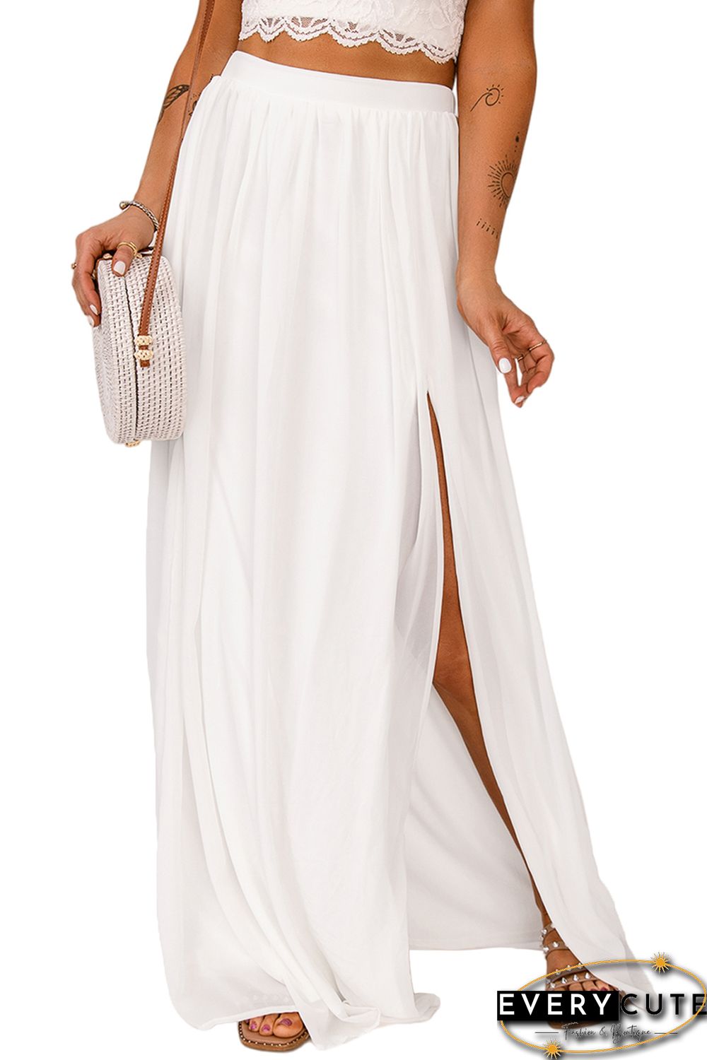 White High Waist Maxi Skirt with Split
