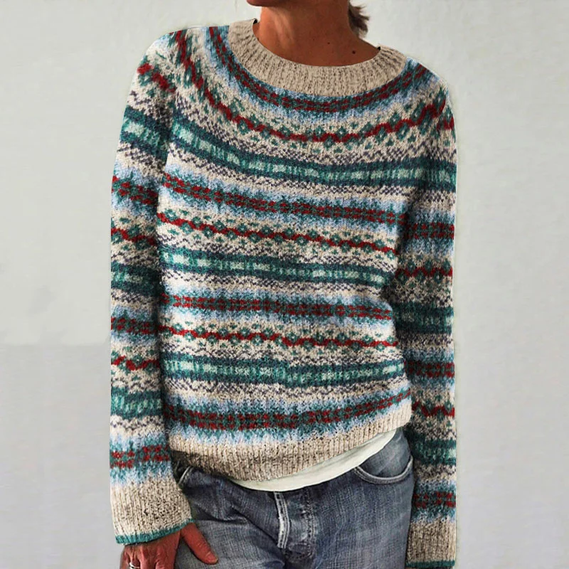 Retro Ethnic Wave Pattern Contrast Sweater