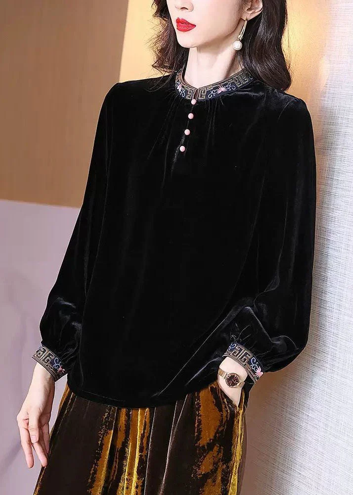Simple Black Stand Collar Embroideried Silk Velour Top Spring