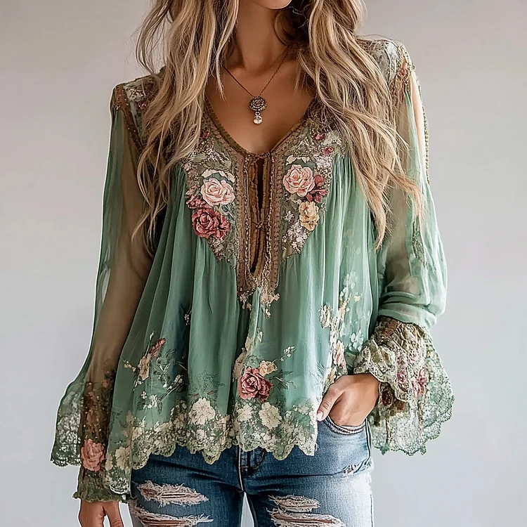 Ursime V Neck Long Sleeve Floral Pattern Asymmetrical Hem Blouse