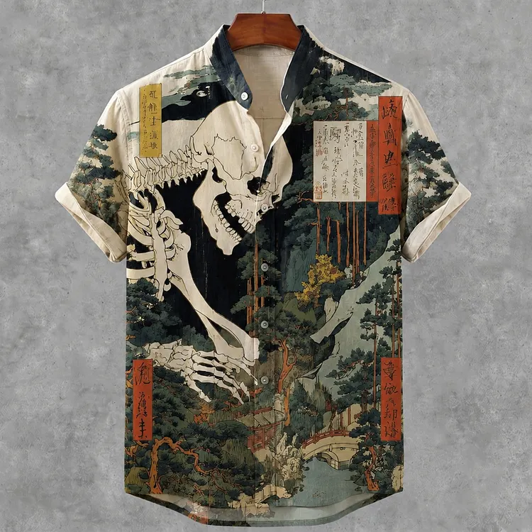 Men's Halloween Japanese Skull Art Print Short Sleeve Shirt