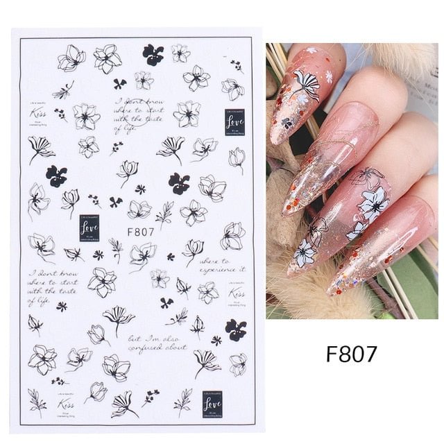 Nail Stickers Back Glue Black White Flower Face Love Heart Designs Nail Decal Decoration Tips For Beauty Salons
