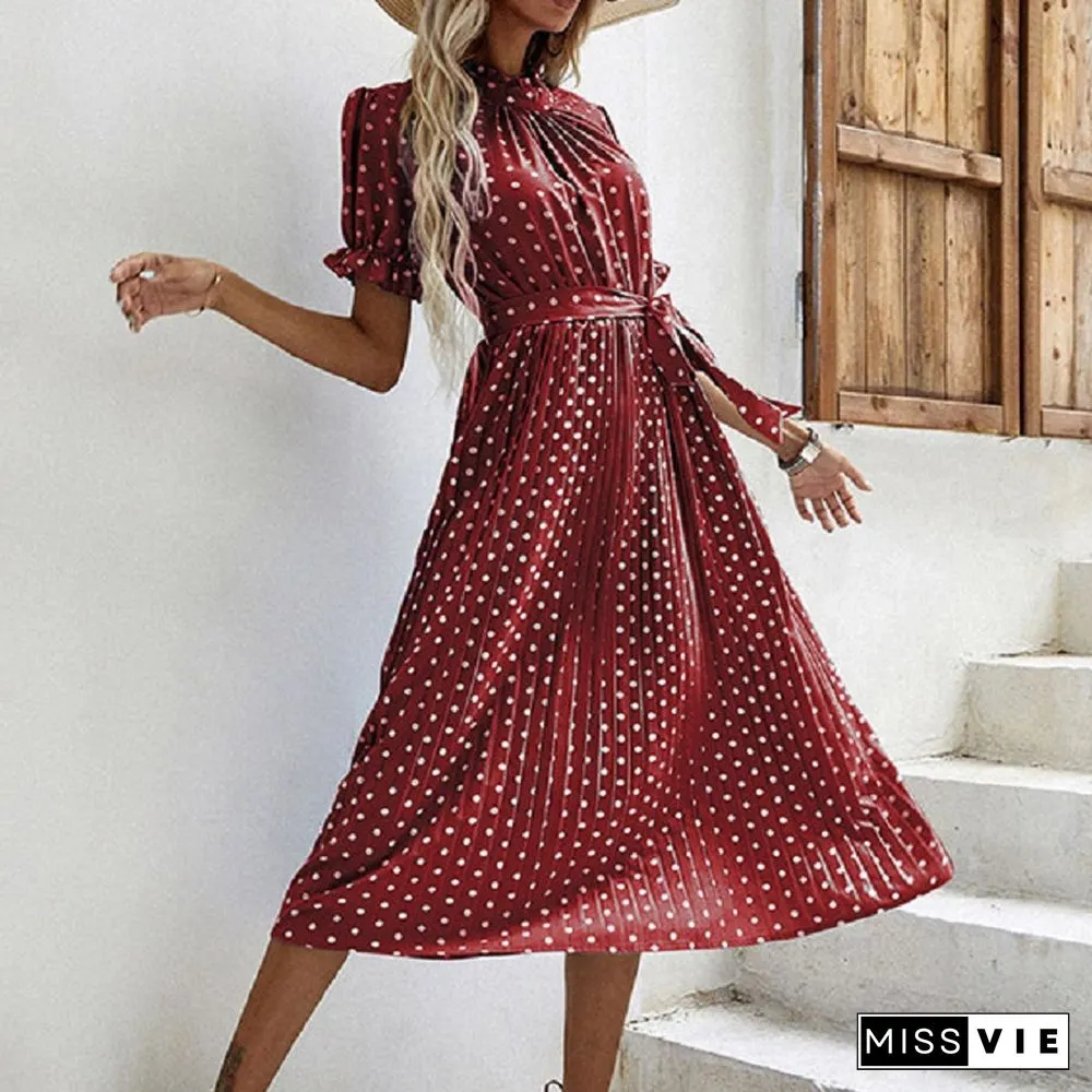 Casual Womens Summer Dress Pleated Short Sleeve New Chic Elegant Fashion Lace-up Polka Dot