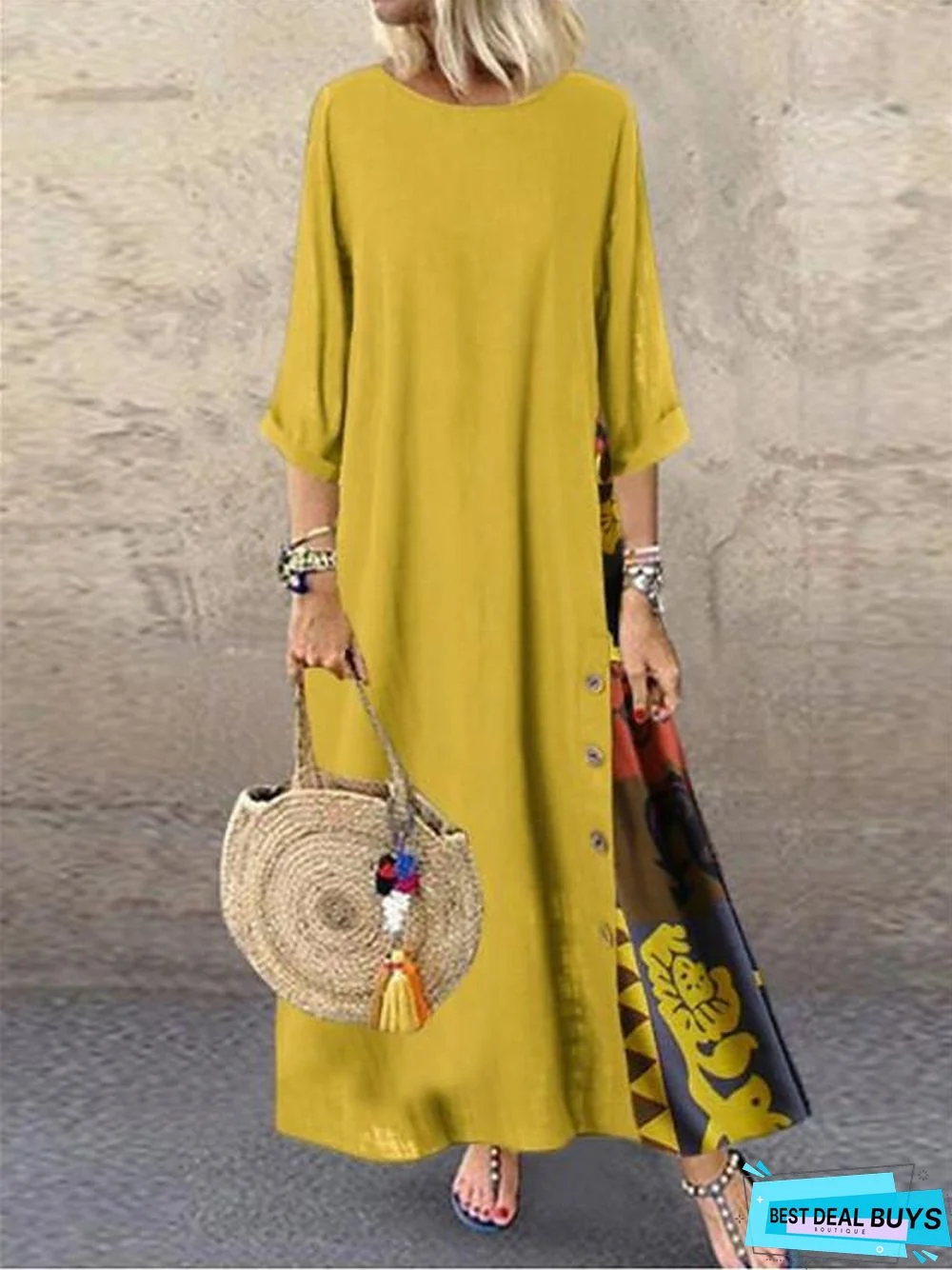 Women's Swing Dress Maxi Long Dress - 3/4 Length Sleeve Print Spring & Summer Hot Casual Holiday Vacation Dresses Loose Red Yellow Wine Army Green Navy Blue Gray L