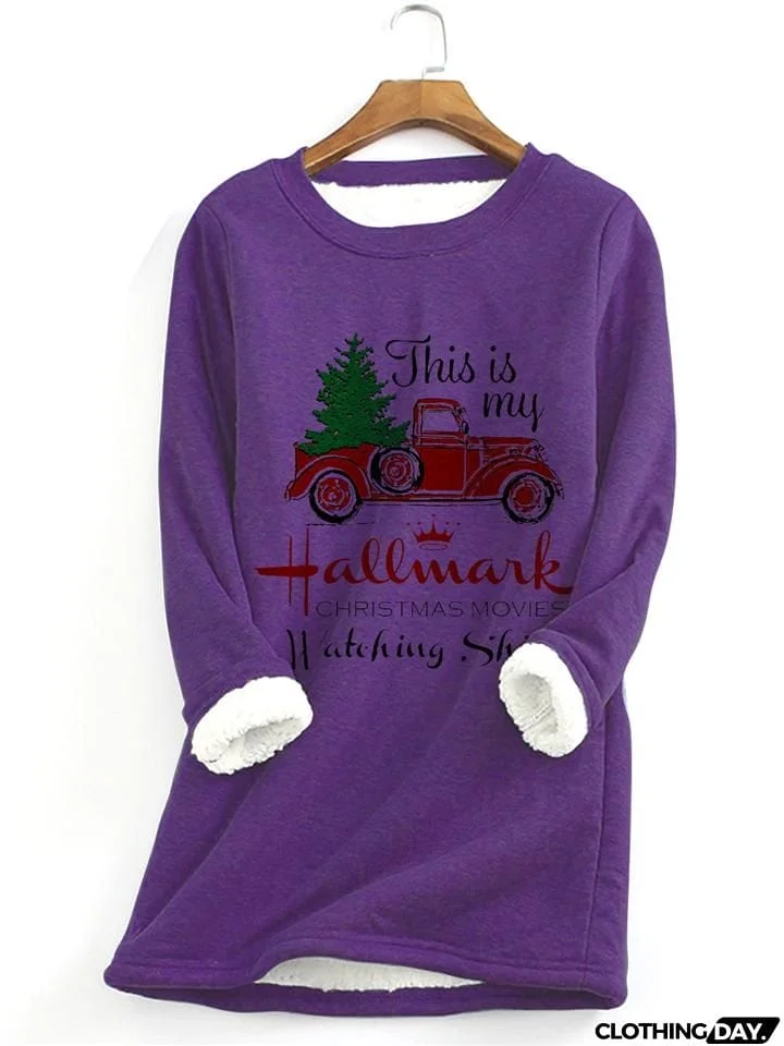 Warm Thick Faux Fleece Lining Christmas Car Print Sweatshirt