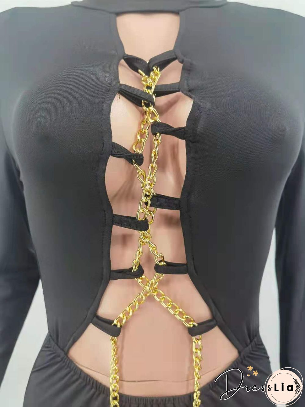 Hollow Out Cross Chain Lace Up Long Sleeve Jumpsuit