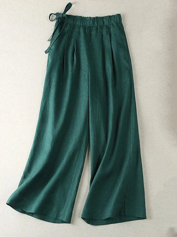 Draping Casual Linen Solid Color Wide Leg Ninth Pants
