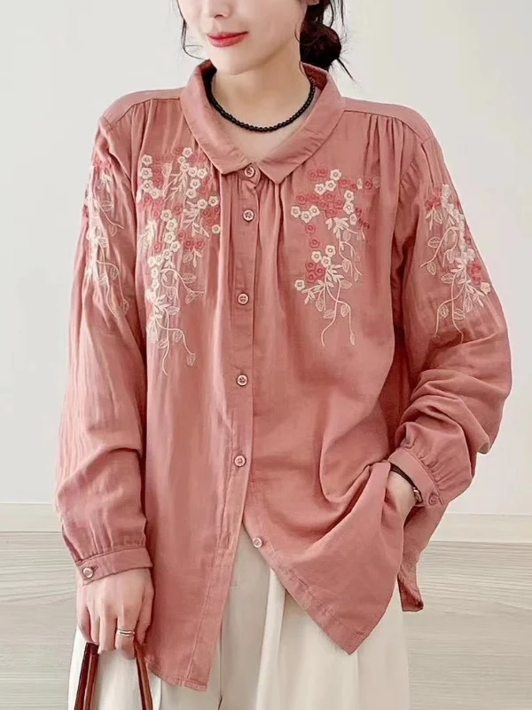 Literary Retro Embroidered Lapel Long-Sleeved Loose Shirt