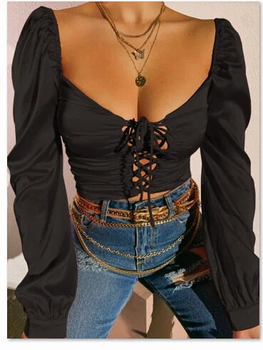 V Neck Hollow Out Long Sleeve Crop Blouse