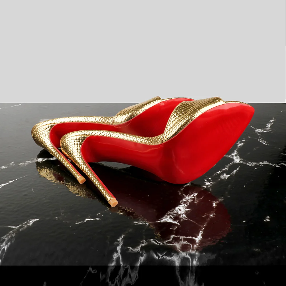 120mm/4.72 Inch Women's Sandals Pointed Toe Gold Snakeskin Mules High Heels Slip on Red Bottom Party Stilettos