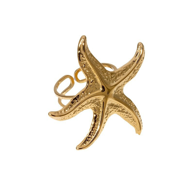 Beach Holiday Style Starfish Ring Personality Exaggerated Ins Style Open Stainless Steel Ring Female