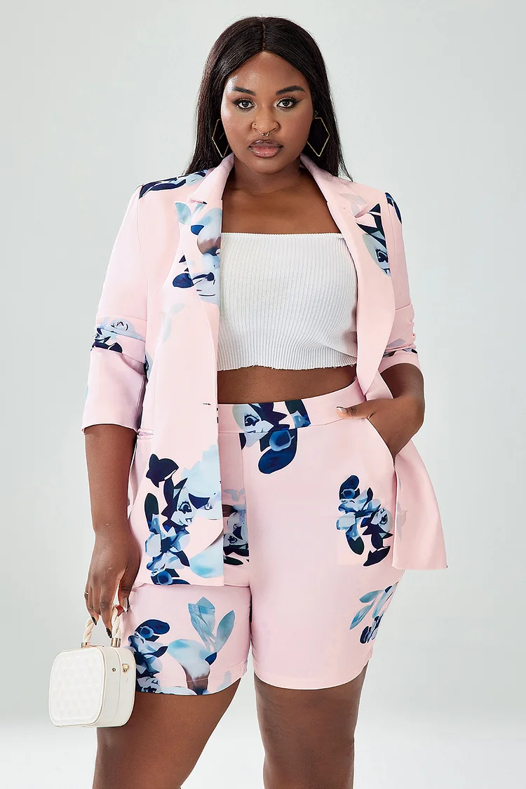 Xpluswear Design Plus Size Business Casual Short Set Pink  Floral Print Lapel Long Sleeve Two Piece Short Set