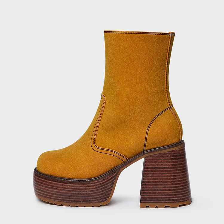 Classic Yellow Platform Ankle Boots Round Toe Chunky Heel Booties |FSJ Shoes