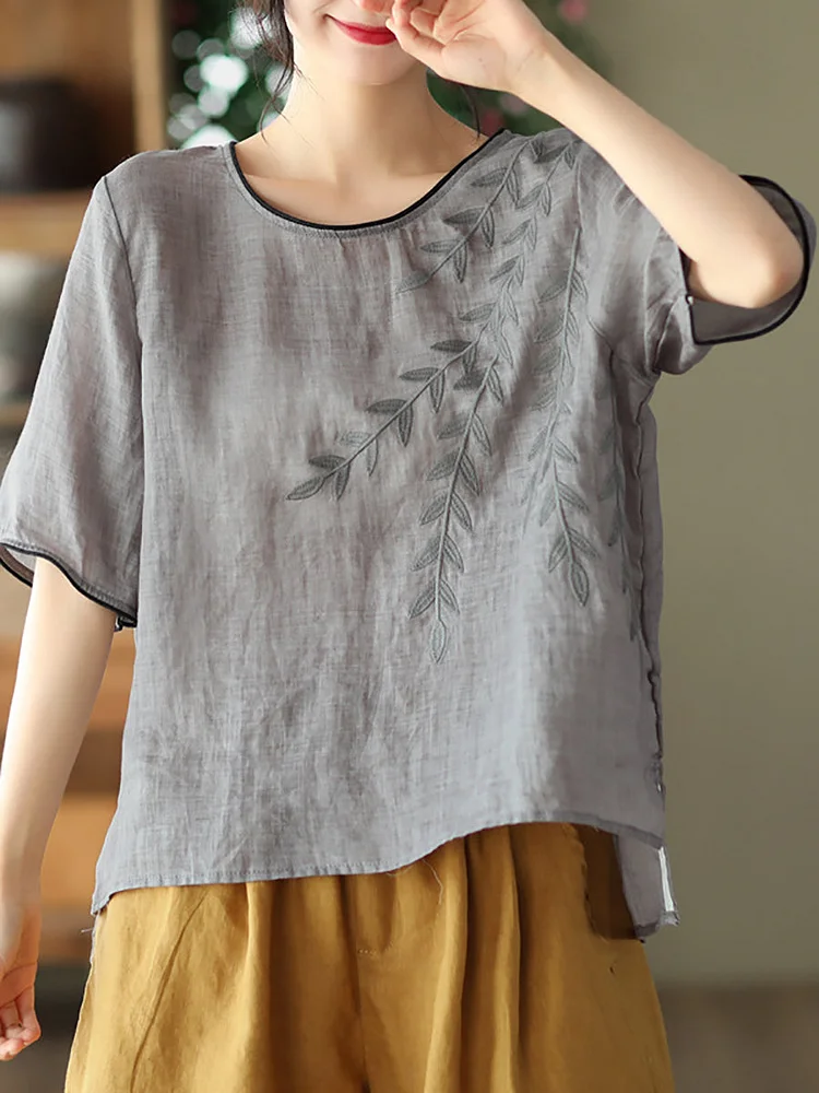 Women Retro Leaf Embroidery Loose Ramie T-shirt