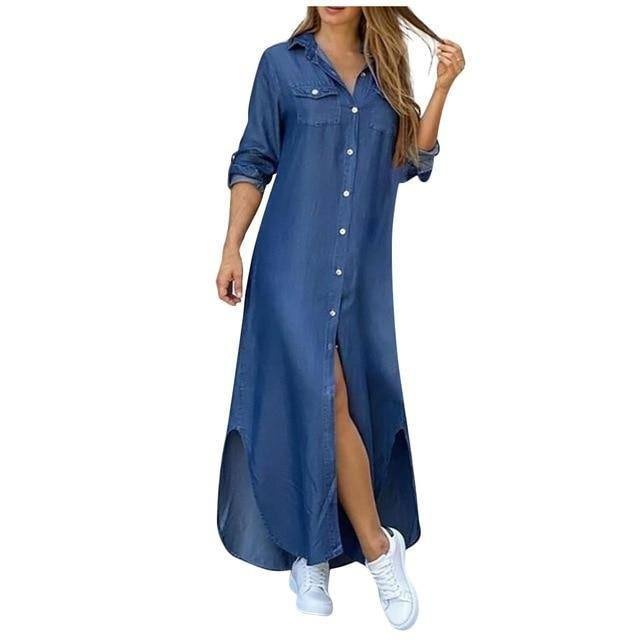 Autumn Long Dress Long Sleeve Shirt Dress Women Denim Long Dresses Pocket Button Shirt Print Dress Casual Loose Dresses 2020