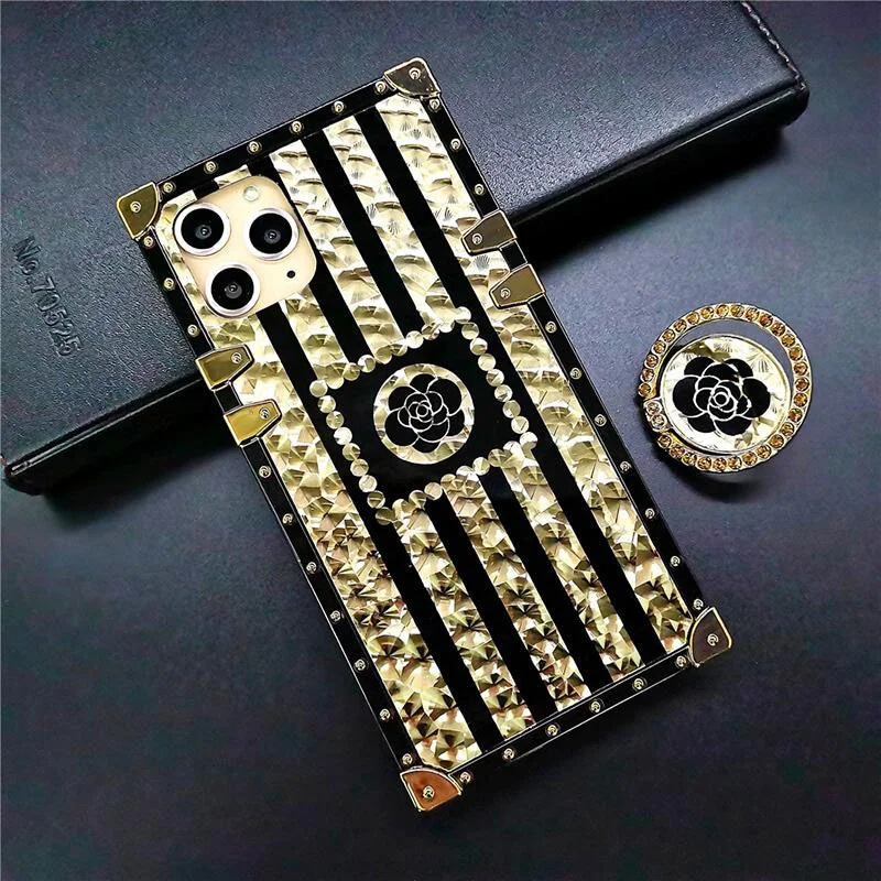  Black Rose Flower Stripe Glitter Gold Square Case For iPhone