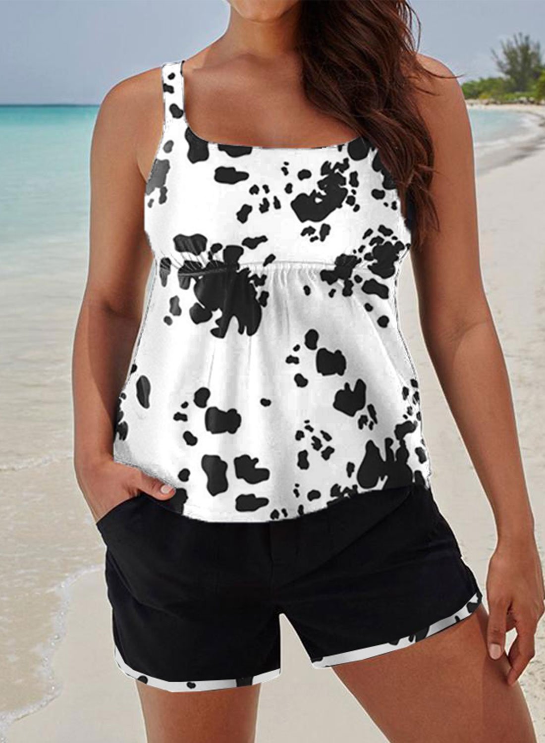 Women's Tie Dye Cow Print High Waist Tankini with Boyshorts Round Neck