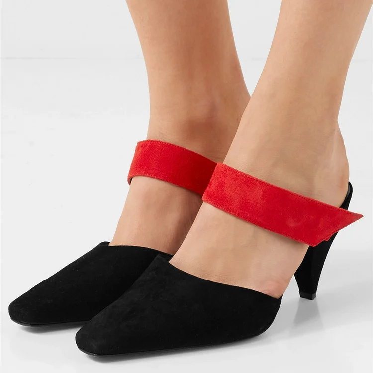 Black and Red Vegan Suede Cone Heel Mules for Women |FSJ Shoes