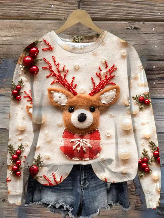Women's Cute Retro Reindeer Print Long Sleeve Sweatshirt-mysite