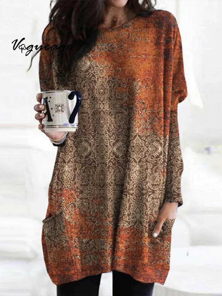 Loose Classic Vintage Brushed Print Long Sleeve Pocket T-Shirt