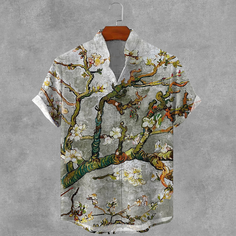 Men's Retro Floral Print Casual Linen Shirt  artssus