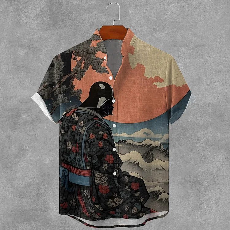 Simpfit Gemütliches Herrenhemd mit japanischem Ukiyoe-Sky-Sea-Art-Leinengemisch