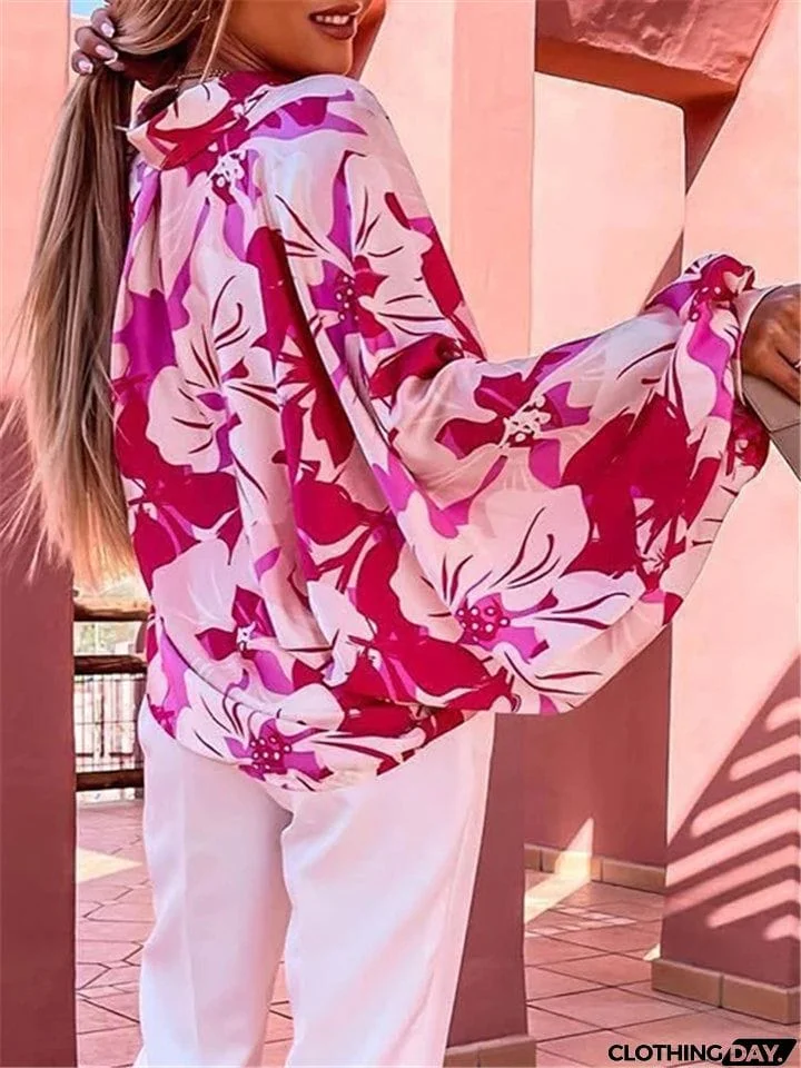 Women Floral Printed Turn-Down Collar Blouses