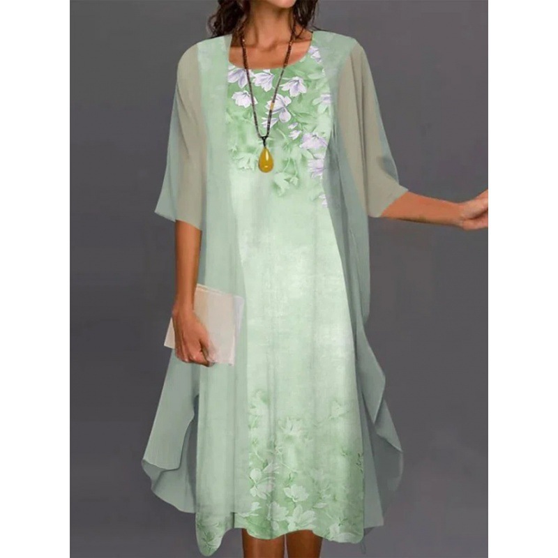 Plus Size Everyday Green Floral Leaf Print 3/4 Sleeve Two Piece Midi Dress With Jacket 2024 - Flycurvy 