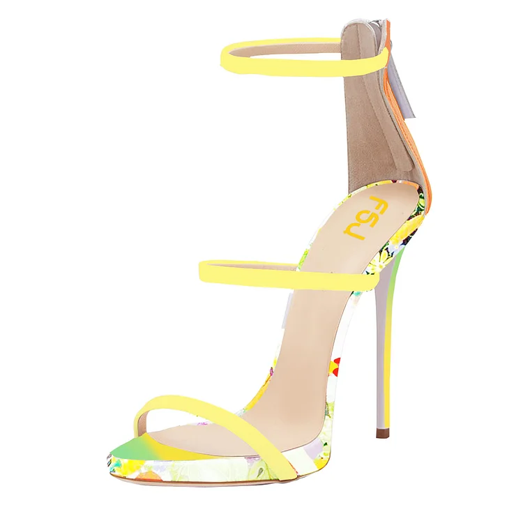 Yellow 5 Inches Heels Floral Open Toe Stiletto Heels Sandals by FSJ |FSJ Shoes