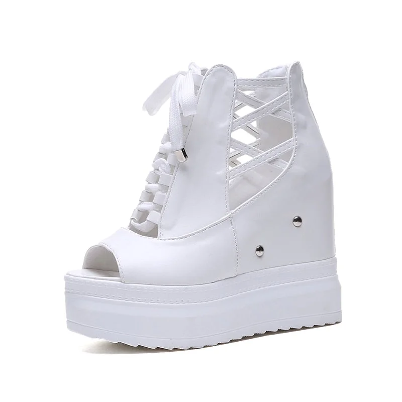 Summer Height Increasing Ankle Boots For Women Hollow Out Pep Toe Shoes Woman Fashion Cross Strap Chunky Platform Booties