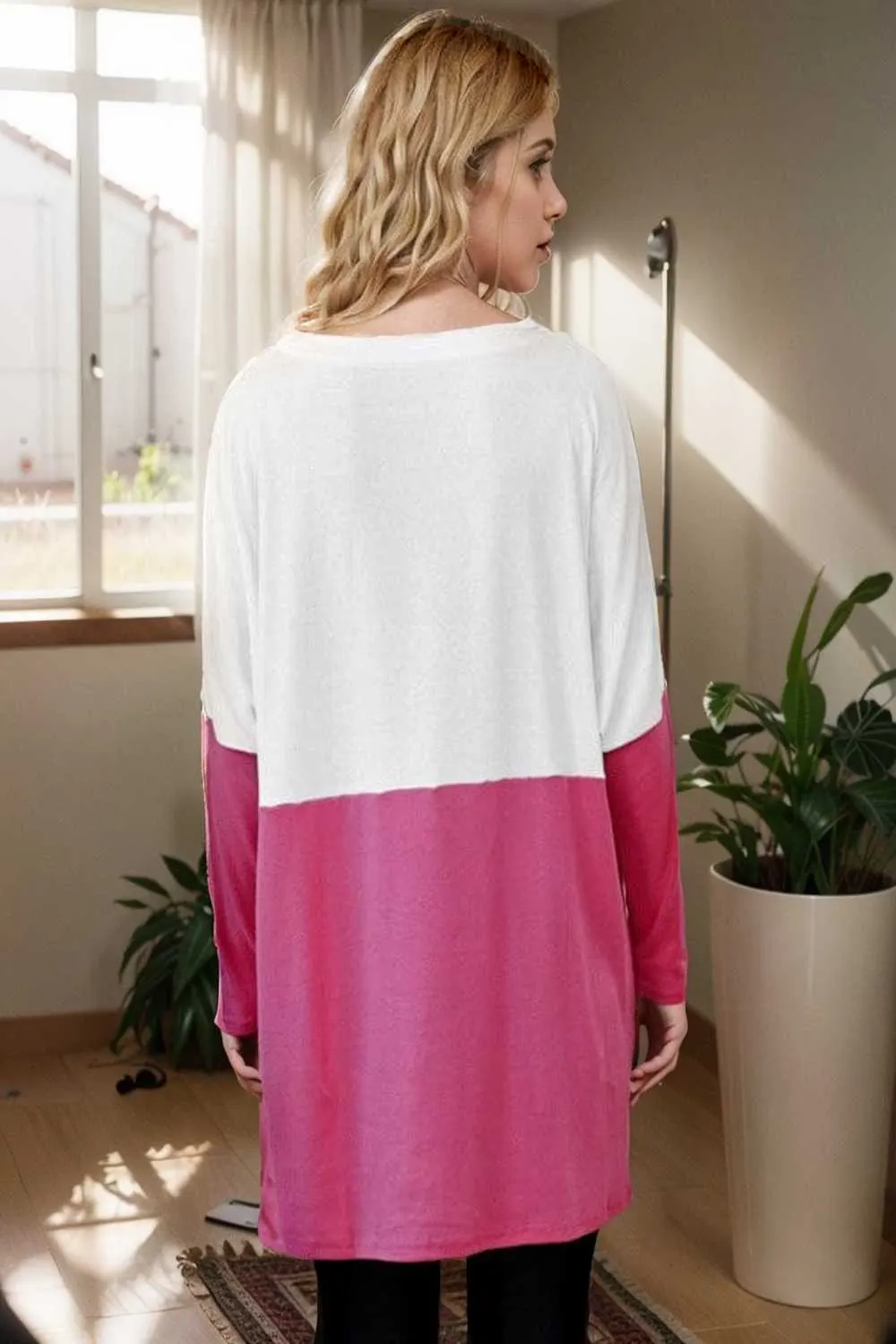 two color stitching pocket loose long sleeve t shirt