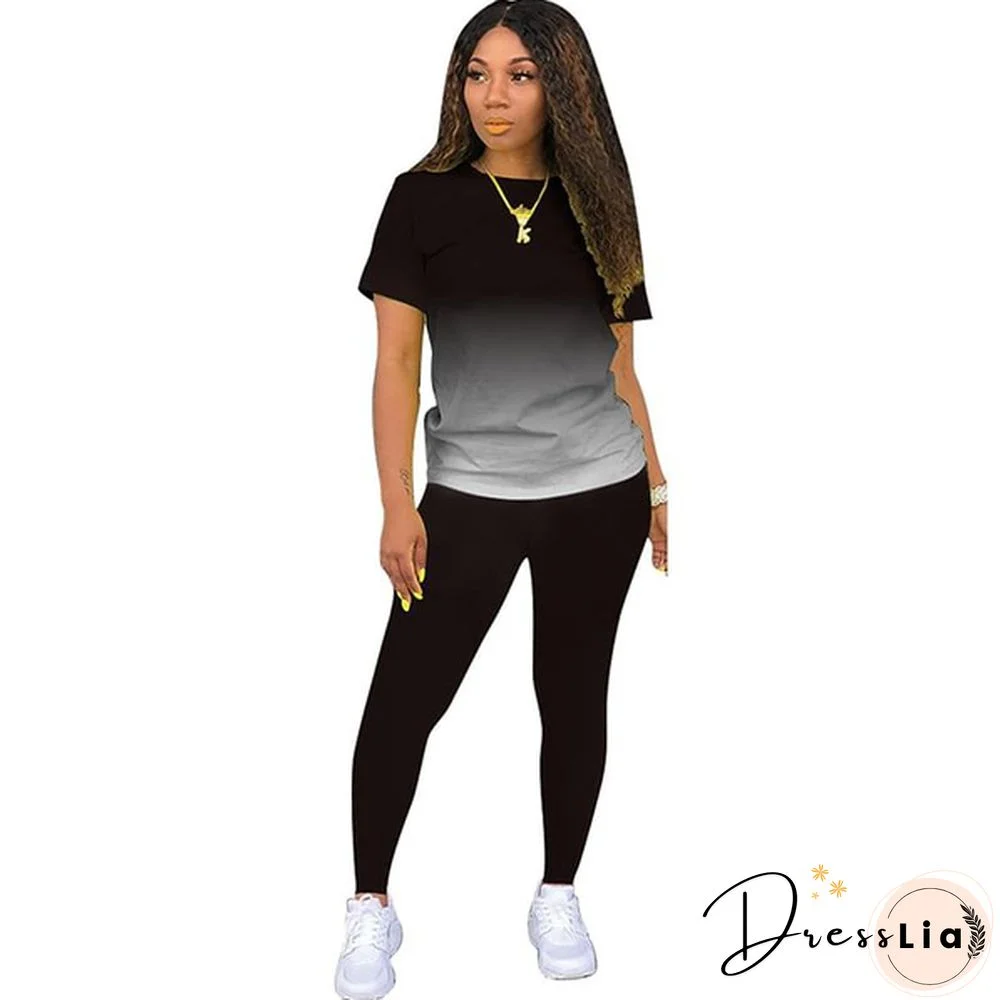 New Women's Fashion Gradient Short Sleeve Top and Pants Casual Sportswear Suit Two-piece Suit Plus Size