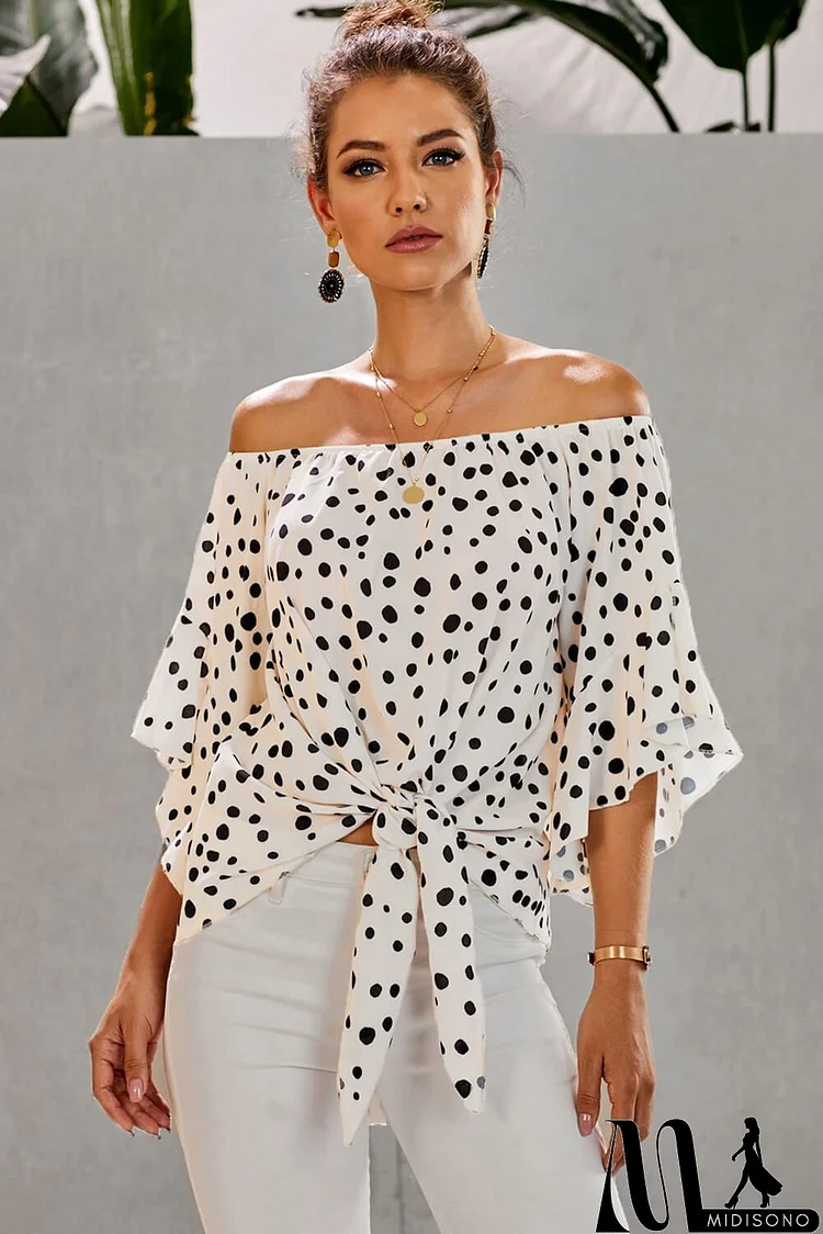 White Polka Dot 3/4 Bell Sleeve Front Tie Knot Off Shoulder Top