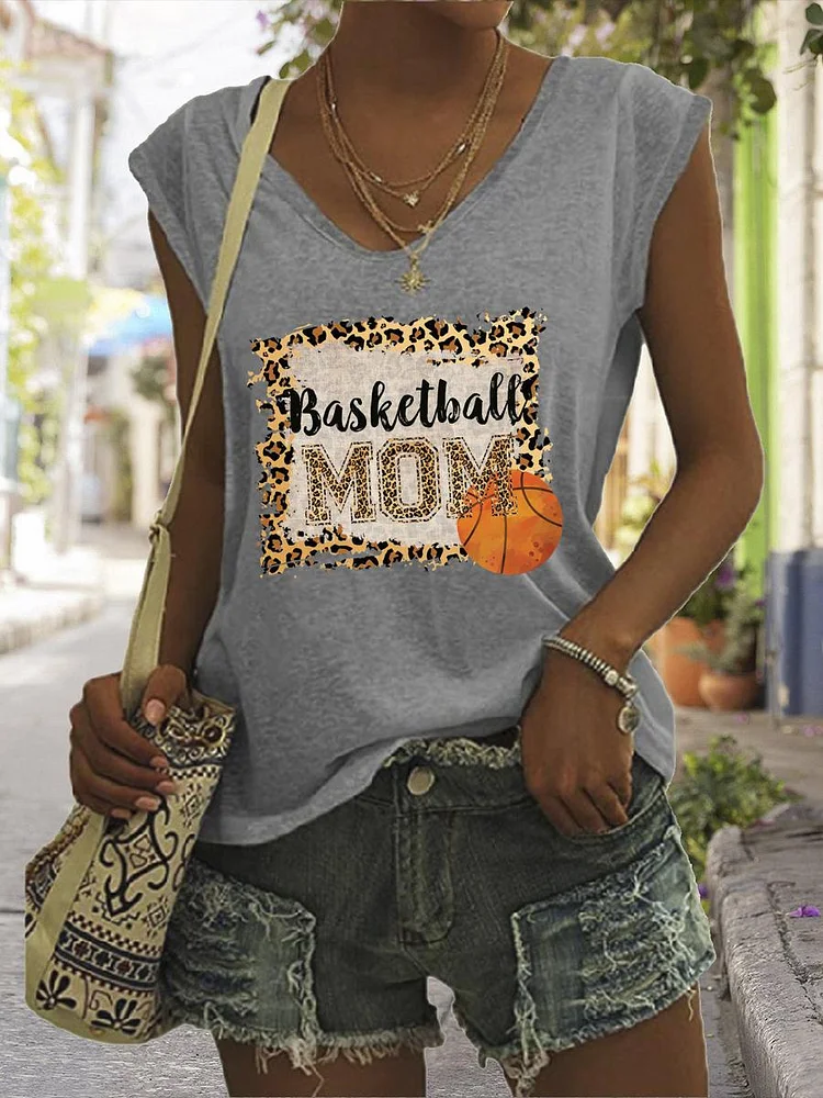 Basketball Mom  Leopard V Neck T-shirt Tees-Annaletters